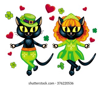 Black cats dancing for luck. Irish dancer. Original characters for St. Patrick's Day celebration. Vector clip art.