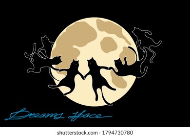 Black cats dancing in a round dance around the big full moon on a black background. Abstract space. Fantasy flat style creative vector illustration.