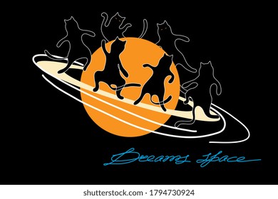 Black cats dancing in a round dance around planet Saturn on a black background. Abstract space. Fantasy flat style creative vector illustration.