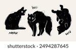 Black cats in different poses. Doodle sketch style. Sitting, laying on back, standing angry, surprising. Cute, adorable animal characters. Hand drawn Vector illustration. Isolated design elements