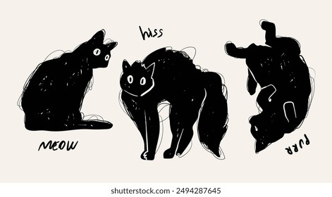 Black cats in different poses. Doodle sketch style. Sitting, laying on back, standing angry, surprising. Cute, adorable animal characters. Hand drawn Vector illustration. Isolated design elements