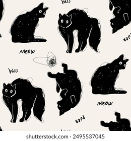 Black cats in different poses. Doodle sketch style. Sitting, laying on back, standing angry, surprising. Cute, adorable animal characters. Hand drawn Vector illustration. Square seamless Pattern