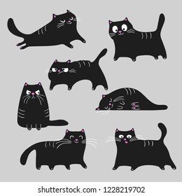 Black cats different poses and emotions set. Disappointed, angry, sleeping, relaxing, happy and cheerful cats. Pets animals collection. Halloween symbols. Vector drawings.