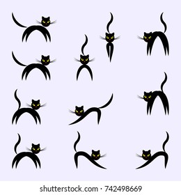 Black cats in different poses. Set of silhouette sketches for tattoo, print, design element. Isolated image. Colored Vector illustration of EPS8.