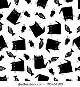 black cats Doodle. seamless pattern