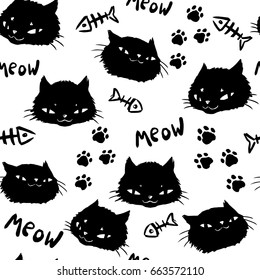 Black cats, fish bones and traces, black and white seamless pattern