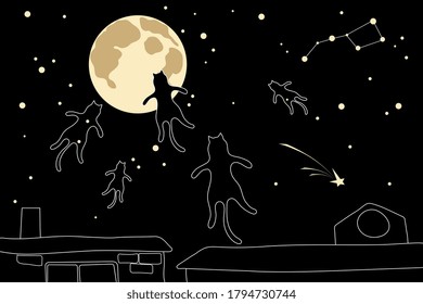 Black cats fly from roof in the night starry sky to the moon. Creative doodles. Fantasy flat style creative vector illustration.