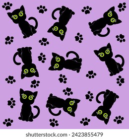 Black cats and footprints on a pink background. Vector illustration