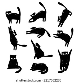 Black cats. Funny black cats in cartoon style in different poses. 