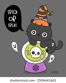 Black cats Halloween card on magic ball kitten playing. Series: Groovy Retro cartoon kawaii (trick or treaters) drawing Kids party holiday festival. Perfect makes a wish for background and shirt.