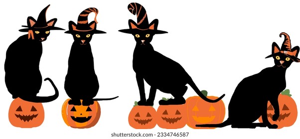 Black cats for Halloween day, Halloween party concept. Vector illustration.