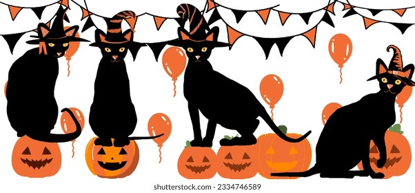 Black cats for Halloween day, Halloween party concept. Vector illustration.