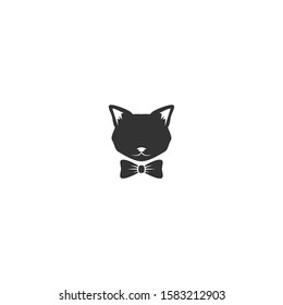 Black cat's head with bow tie icon isolated on white. tough, cool tom cat with severe look. hipster avatar. Vector flat illustration. hipster avatar. gentleman. Retro  party logo. mascot symbol.