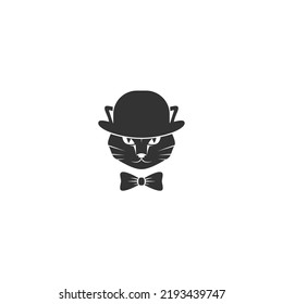 Black cat's head with bow tie and bowler hat isolated on white. tough, Gentleman, mafia concept. hipster avatar. Vector flat illustration. hipster avatar. gentleman. Retro party logo. 