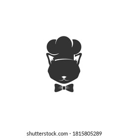 Black Cat's Head With Chef Cook Cap And Bow Tie Isolated On White.  Cooking Cap. Menu Card. Bakery Logo. Flat Vector Illustration. 