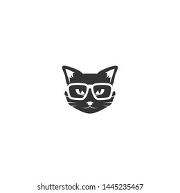 Black cat's head with glasses icon isolated on white. tough, cool tom cat with severe look. hipster avatar. Vector flat illustration. Magic, halloween, witchery, mascot symbol.