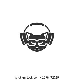 Black cat's head with headphones icon isolated on white. tough, cool tom cat. hipster avatar. Listen sound or music sign. Vector flat illustration. Magic, halloween, witchery, mascot symbol.