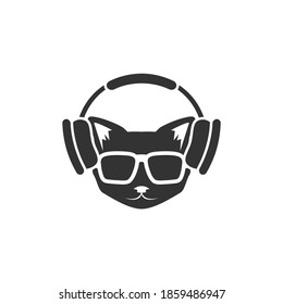 Black cat's head with headphones icon isolated on white. tough, cool tom cat. hipster avatar. Listen sound or music sign. Vector flat illustration. Magic, halloween, witchery, mascot symbol.