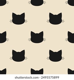 Black cat's head silhouettes on beige background. Vector seamless pattern. 