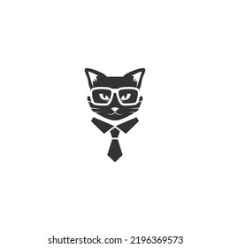 Black cat's head with tie and glasses isolated on white. tough, cool tom cat with severe look. hipster avatar. Vector flat illustration. Boss avatar. gentleman. Businessman. mascot symbol.