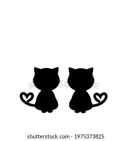 Black cats with heart tails isolated on white background vector illustration.