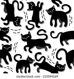 black cats holiday seamless pattern on white background