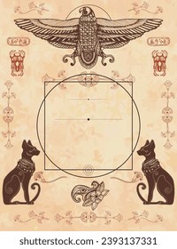 Black cats and horus falcon. Ancient Egypt vertical background. Egyptian frame. Travel and History art. Old paper vector. Cover page template