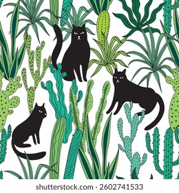 Black cats in the jungle seamless pattern. Cactus, tropical plant, animal graphic wallpaper.	