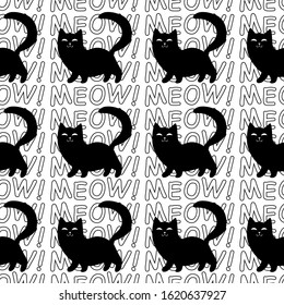 Black cats and kittens silhouettes with "meow" words on white background . Seamless pattern, vector.