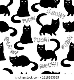 Black cats and kittens silhouettes on white background with "purr" and "meow" words. Seamless pattern, vector.