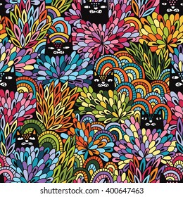 Black cats looking out of the bushes. Seamless pattern