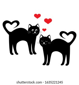 Black cats in love. Pair of kitties.
Flat image. Couple's relationships. Positive emotions.
Valentine's day. February 14.
Romance and love. Isolated on a white background.
Vector illustration.