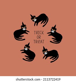 Black cats with magic hat and yellow eyes hand drawn vector illustration. Spooky feline character. "Trick or treat" halloween party card.