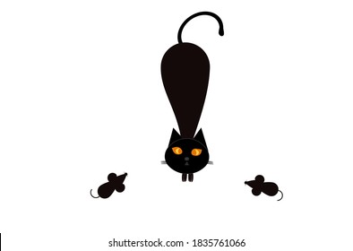 Black cats and mice Vector. Cute Cartoon illustration isolated on white background.