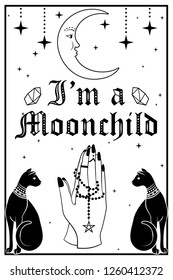 Black Cats and the Moon. Praying hands holding a rosary. I am a Moonchild text. Can use for t-shirt, textiles and print design. Vector illustration.