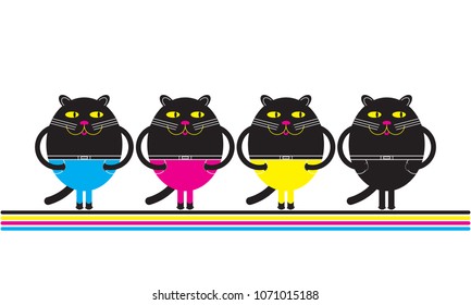 Black cats in multi-colored pants. On a white background. CMYK concept.