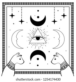 Black cats, night sky with moon and stars. Frame for sample text. Magic, occult symbols on white. Witchcraft theme for t-shirt, textiles and print design. Vector illustration.