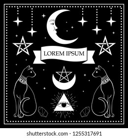 Black cats, night sky with moon and stars. Frame for sample text. Magic, occult symbols. Witchcraft theme for t-shirt, textiles and print design. Vector illustration.
