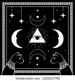 Black cats, night sky with moon and stars. Frame for sample text. Magic, occult symbols. Witchcraft theme for t-shirt, textiles and print design. Vector illustration.