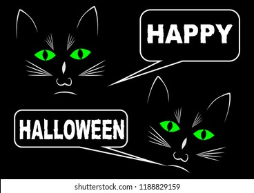 Black cats on black background wishing happy halloween. White drawing with white callouts and message, green cat eyes shining in the dark