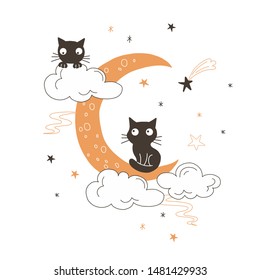 Black cats on moon flat vector illustration. Sorceress animal, midnight moonlight. Black magic, halloween kitten. Witch pet on crescent moon with stars and clouds isolated design element