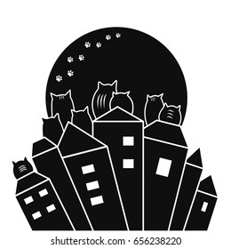 Black cats on rooftops with moon background, vector illustration.