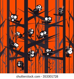 Black cats on a tree branches. Vector illustration