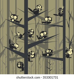 Black cats on a tree branches. Vector illustration