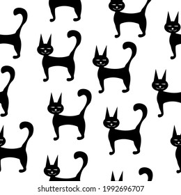 Gatos negros sobre fondo blanco, mascotas divertidas ilustración vectorial sin costura