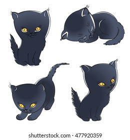 Black Cats On White Background. Cartoon Cute Cats Vector Set. Sleep kitten, seated kitten, playing kitten.