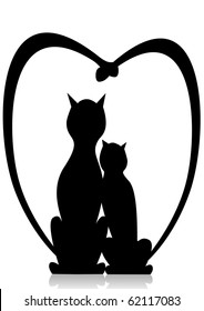 Black cats on a white background. Cats in love hug. Pets are isolated. Romantic greeting card and background. A cat and a cat are sitting nearby and dreaming.