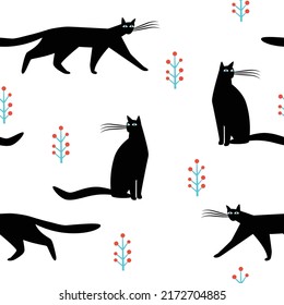 Black Cats on white, seamless vector illustration