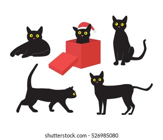 Black cats with one sitting in a red box, wearing santa hat