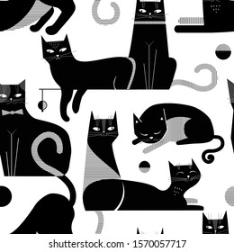 Black cats pattern on white. Your lucky vector background